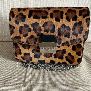 Niquea.D Purse Women’s Brown Animal Print Leather, Silver Chain Strap, HandBag